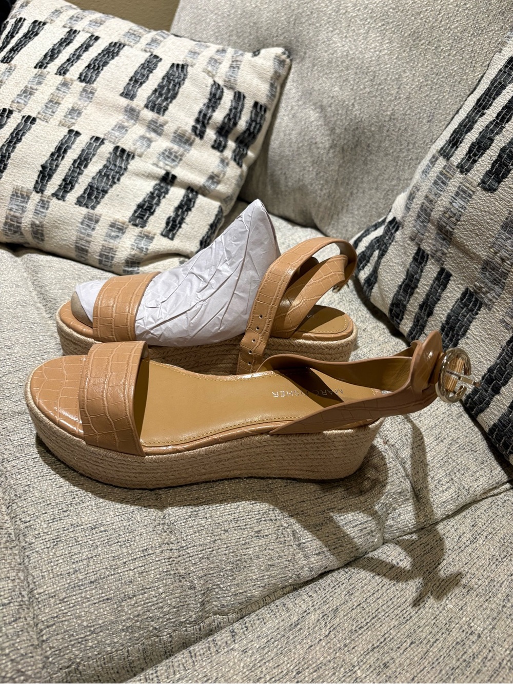 Marc Fisher Tan Croc-Embossed Espadrille Wedge Sandals